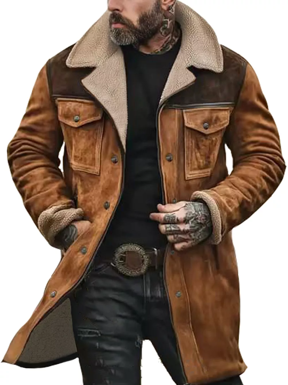 Men's Full Size Vintage Shearling Lined Longline Coat Plus Size, image 2