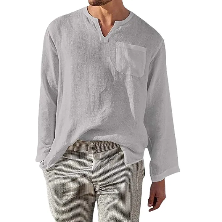 Men's Full Size Casual Notched Linen Long Sleeve Top Plus Size, image 5