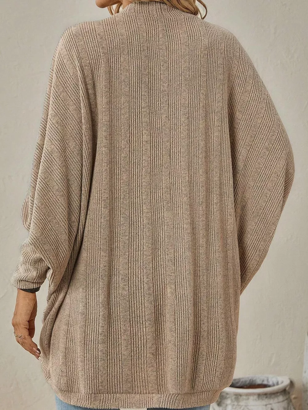 Casual Open Front Batwing Sleeve Ribbed Knit Cardigan, image 6