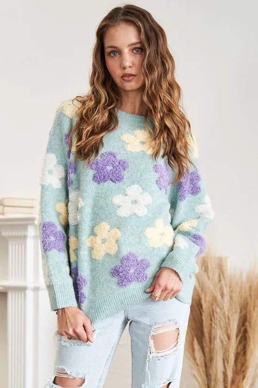 Full Size Floral Popped 2-Tone Sweater Top Plus Size, image 3
