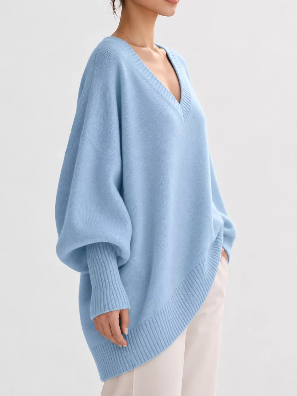 Full Size V-Neck Oversized Batwing Sleeve Sweater Plus Size, image 7