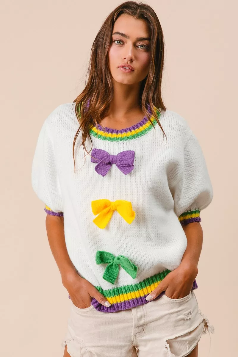 Short Puff Sleeve Ribbon Bow Mardi Gras Sweater, image 11