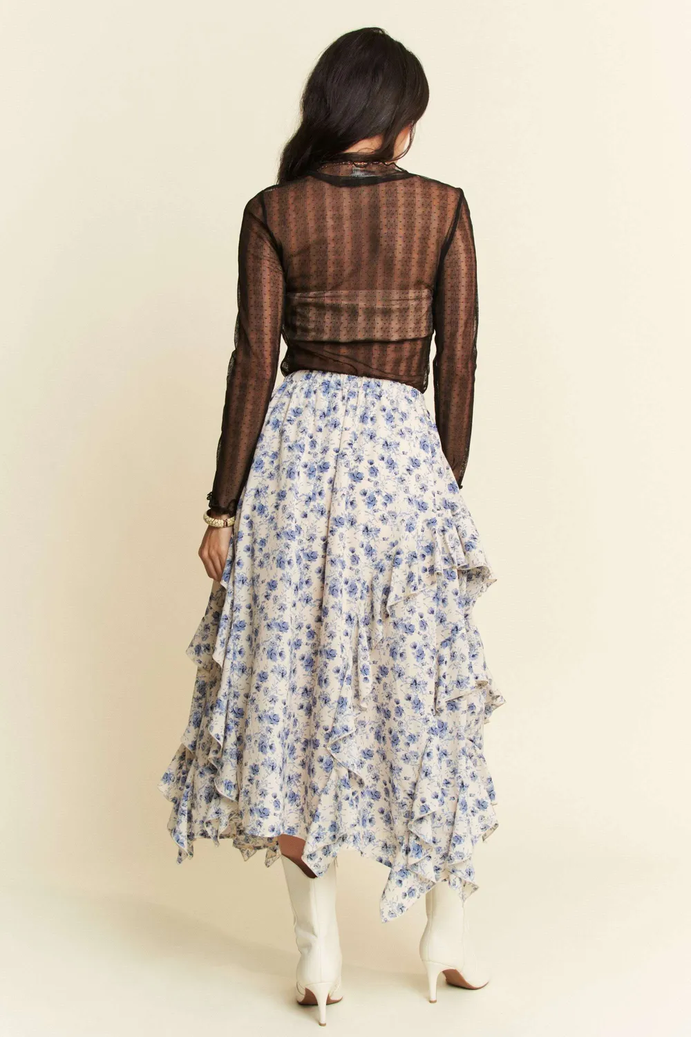 Turtle Neck Lace Dotted Stretch Mesh Sheer Top, image 2