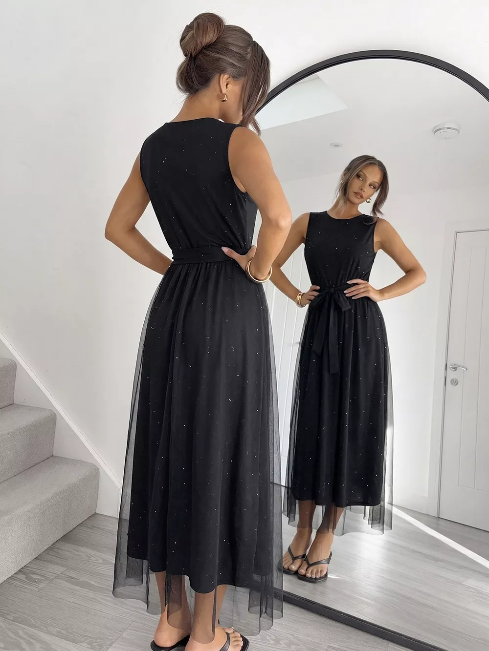 Glitter Sleeveless Tulle Midi Dress, image 5