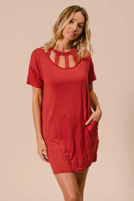Front Cutout Mini Tee Dress with Pockets, image 3