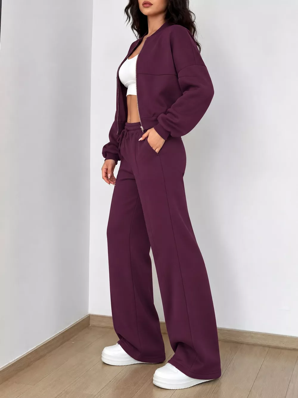 Casual Zip-Up Jacket and Wide-Leg Sweatpants Set, image 50