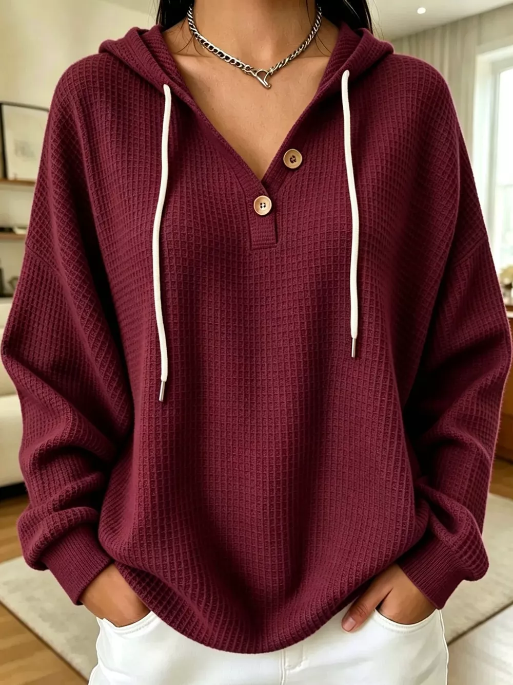 Full Size Waffle Knit Button Detail Hoodie Plus Size, image 25