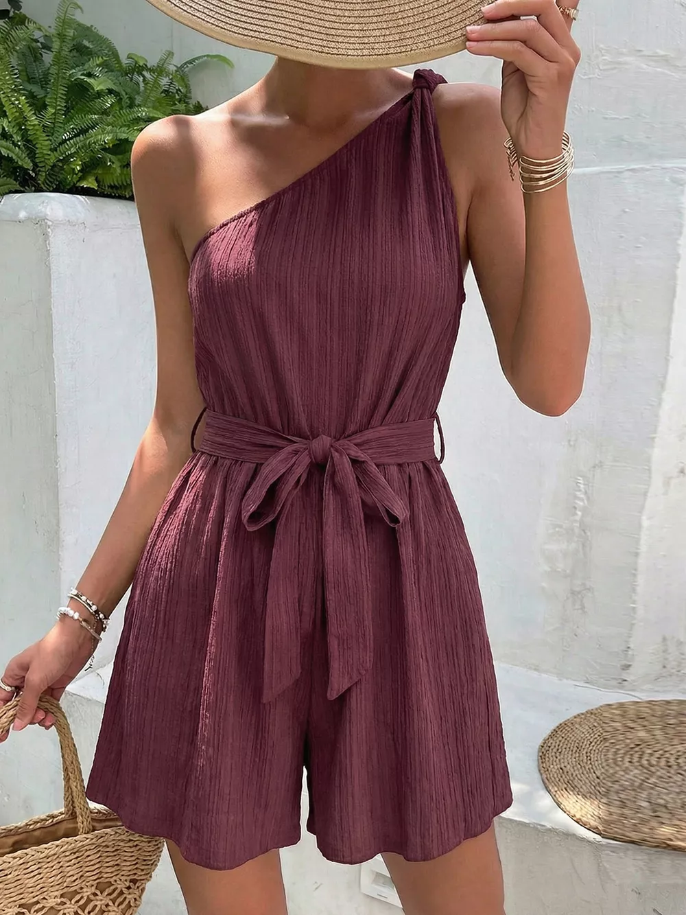 One-Shoulder Tie Waist Romper, image 9