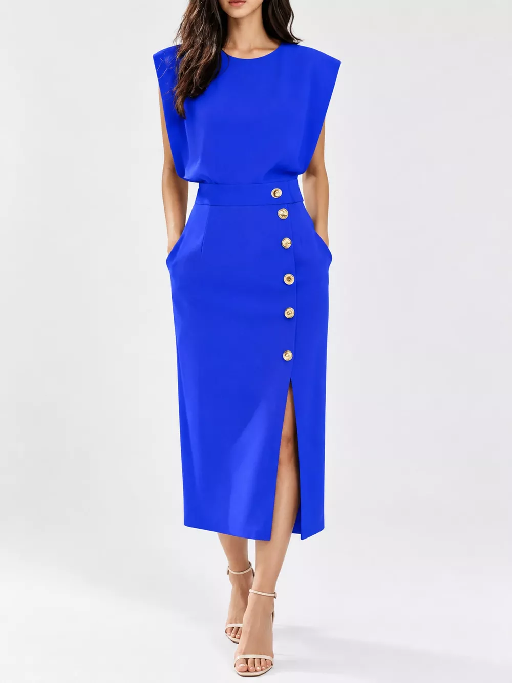 Sleeveless Midi Dress with Gold Button Detail and Side Slit, image 41