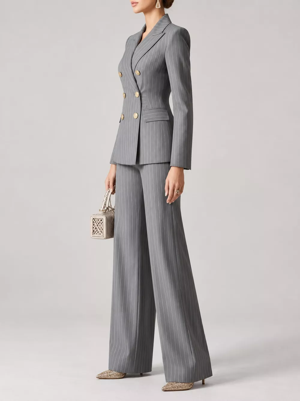 Double-Breasted Pinstripe Blazer and Wide-Leg Pants Set, image 13