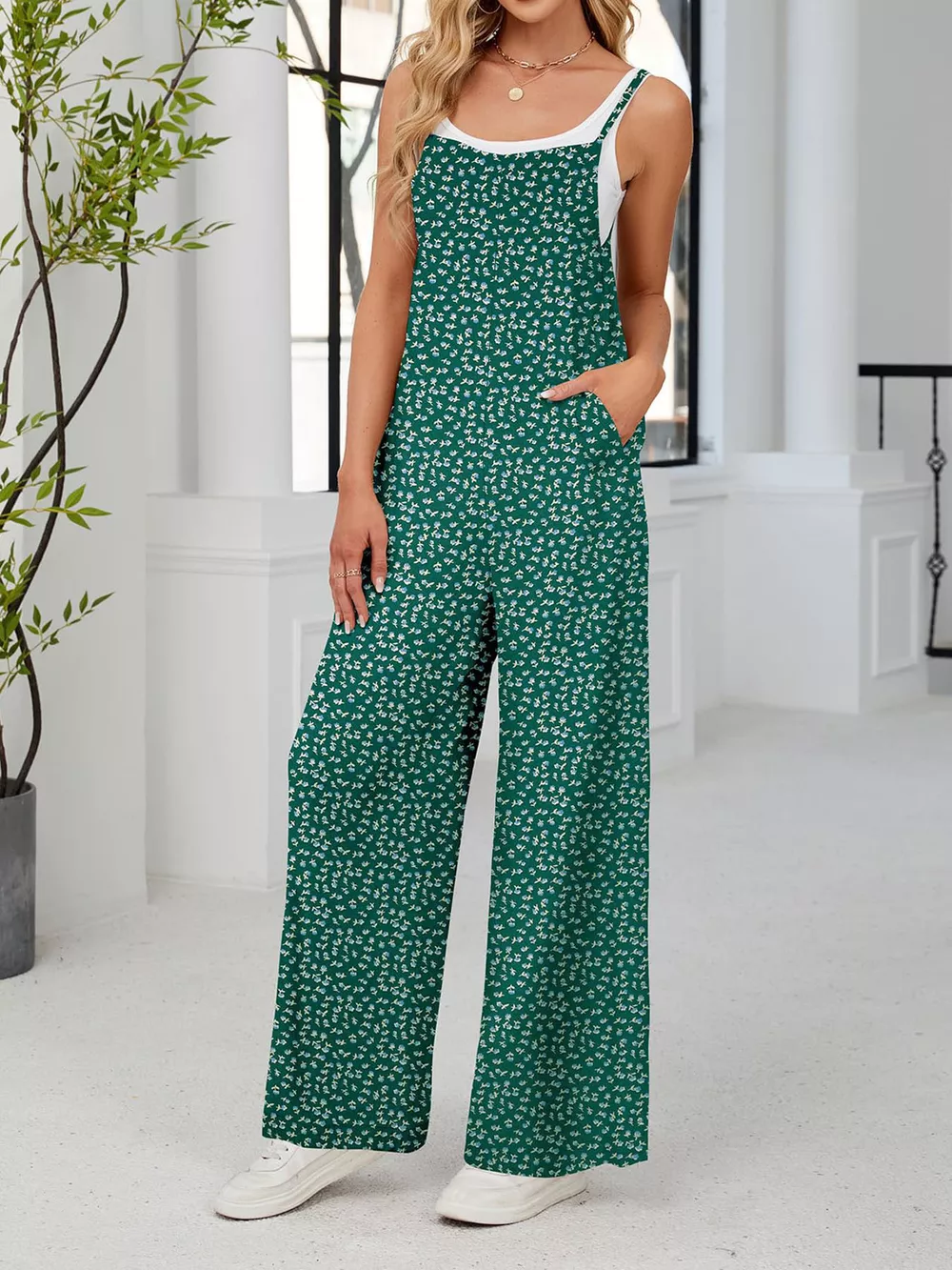 Full Size Floral Print Wide Leg Spaghetti Strap Overalls Plus Size, image 14