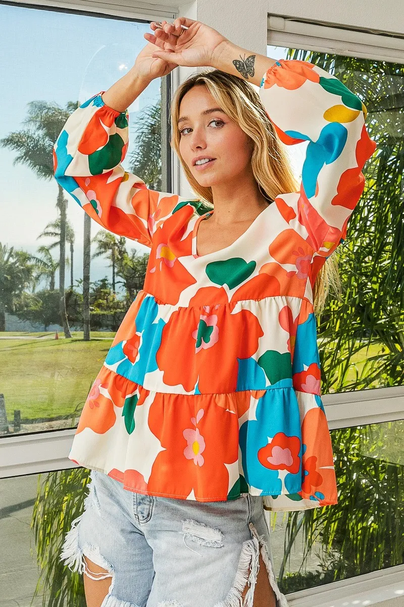 Floral Woven Tiered V Neck Top, image 5