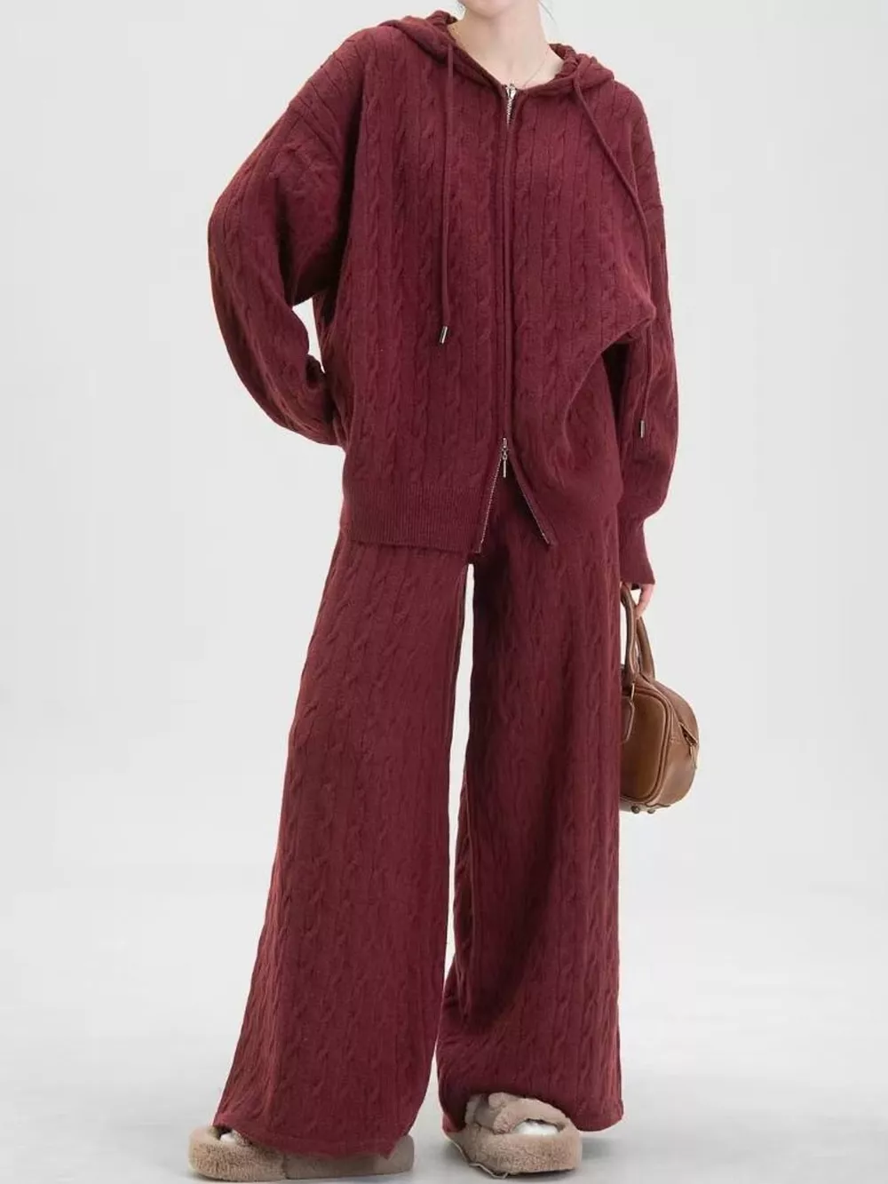 Cable Knit Zip-Up Hooded Cardigan and Wide-Leg Pants Sweater Set, image 20
