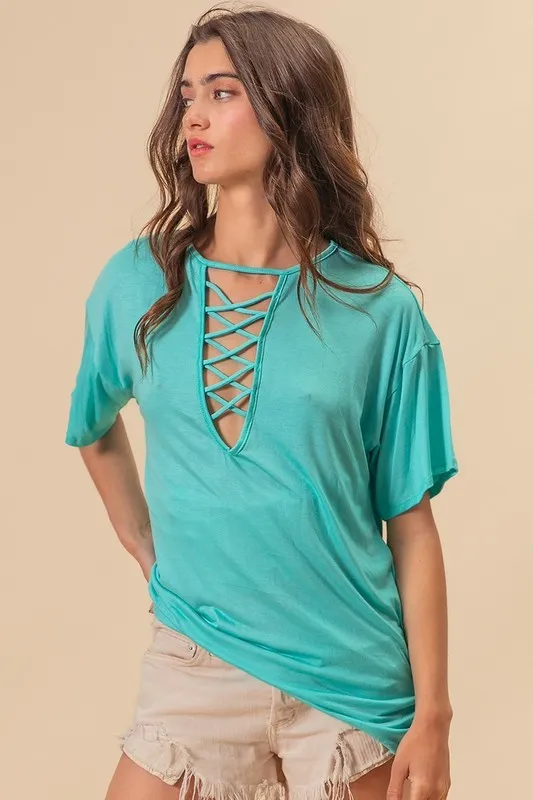 Jersey Knit Top with Criss Cross Front Neck Detail, image 3