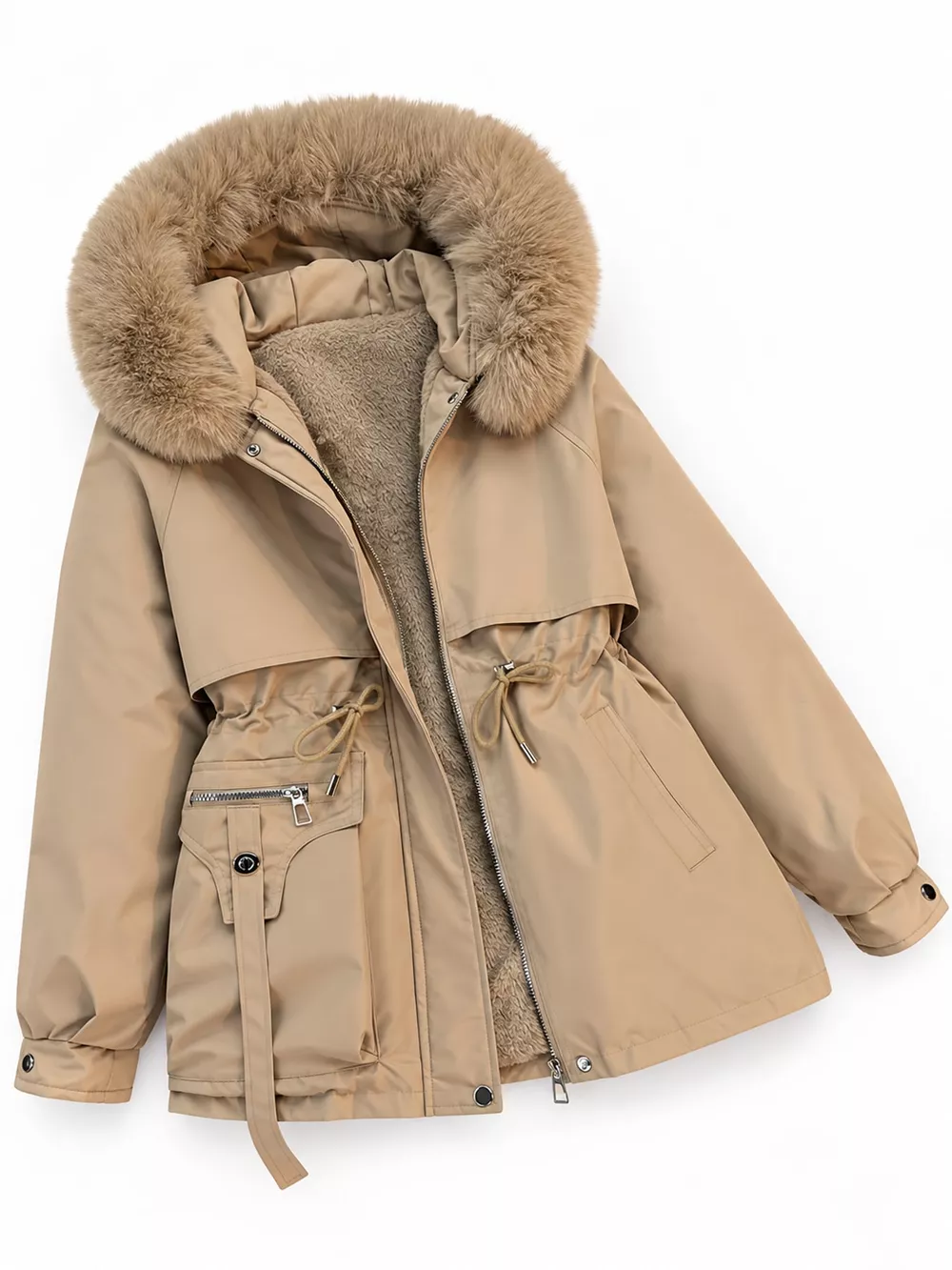 Plus Size Faux Fur Hooded Drawstring Waist Winter Parka Outerwear, image 9