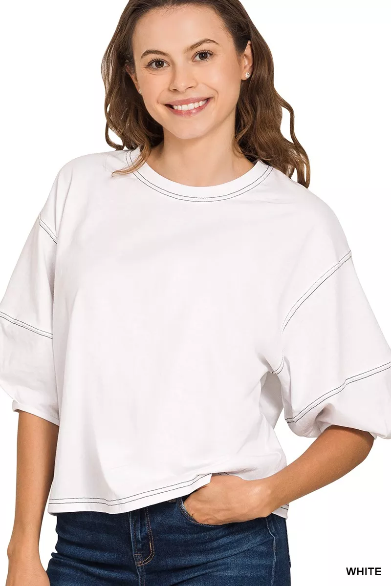 Balloon Sleeve Top with Contrast Stitching