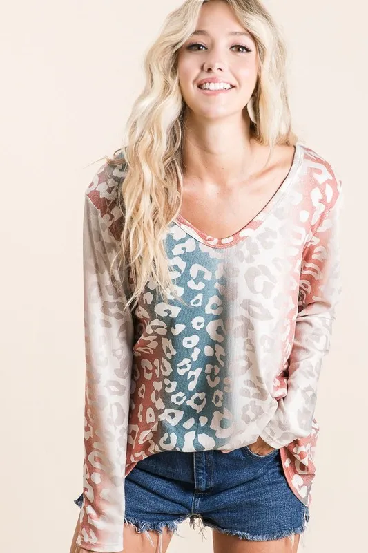 Gradation Leopard Print Textured Knit Top, image 2
