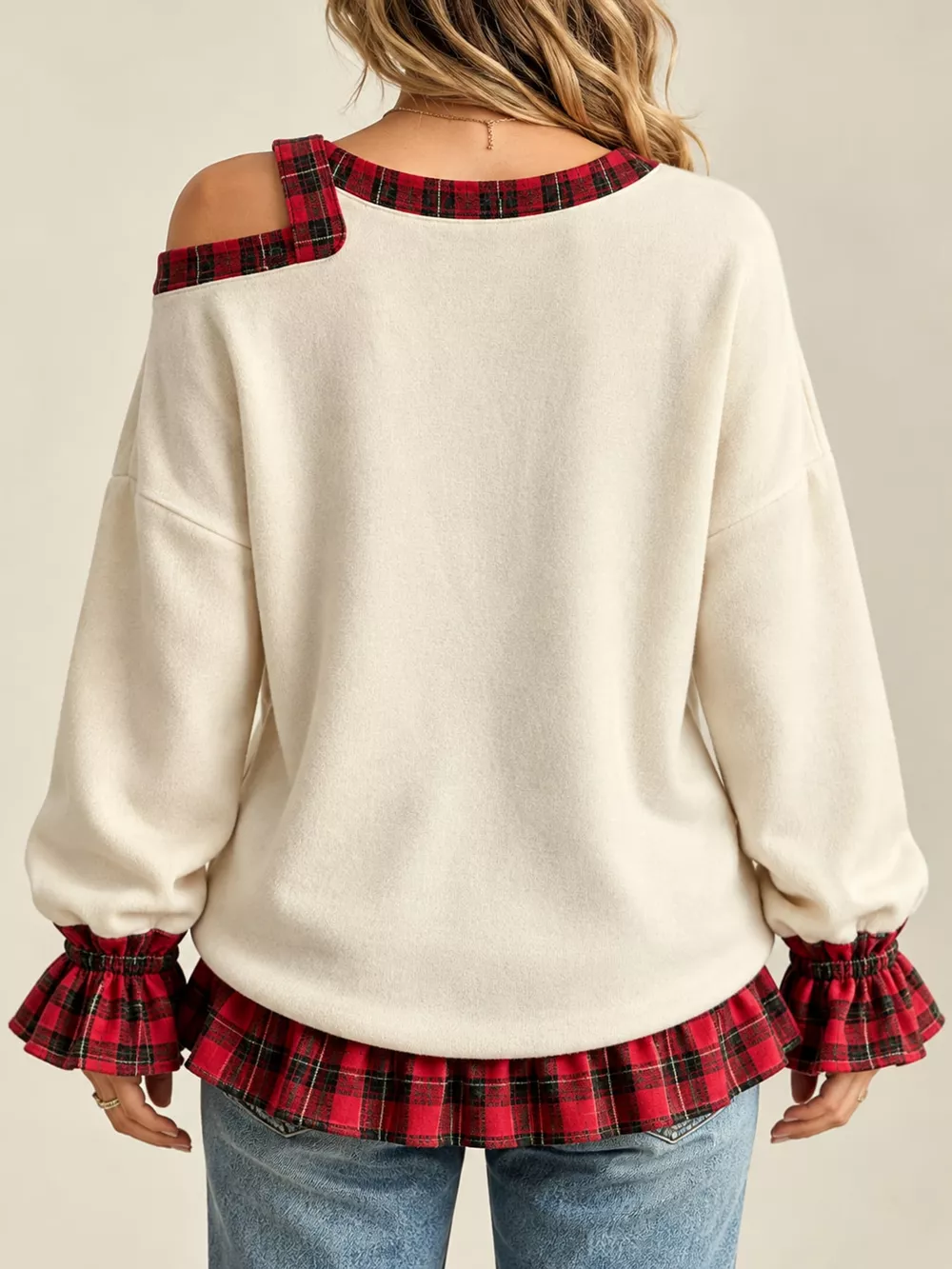 Full Size Plaid Ruffled Hem Asymmetrical Neck Sweatshirt Plus Size, image 2
