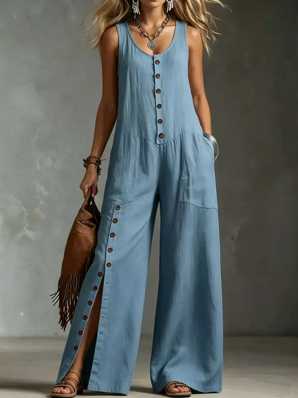 Full Size Sleeveless Button Front Wide Leg Jumpsuit Plus Size