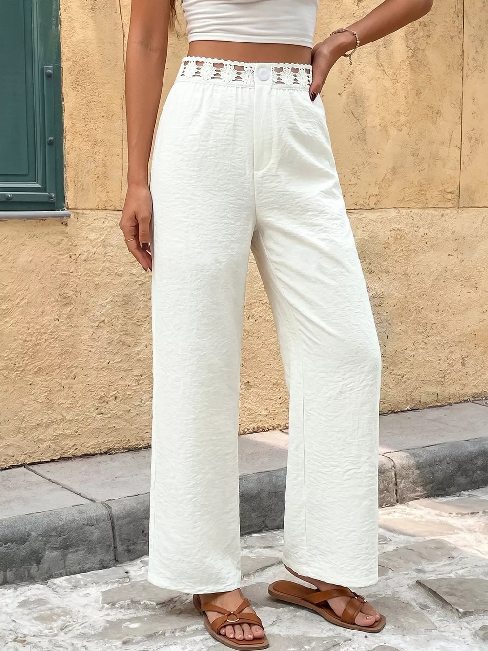 High Waist Wide Leg Pants with Crochet Trim, image 2