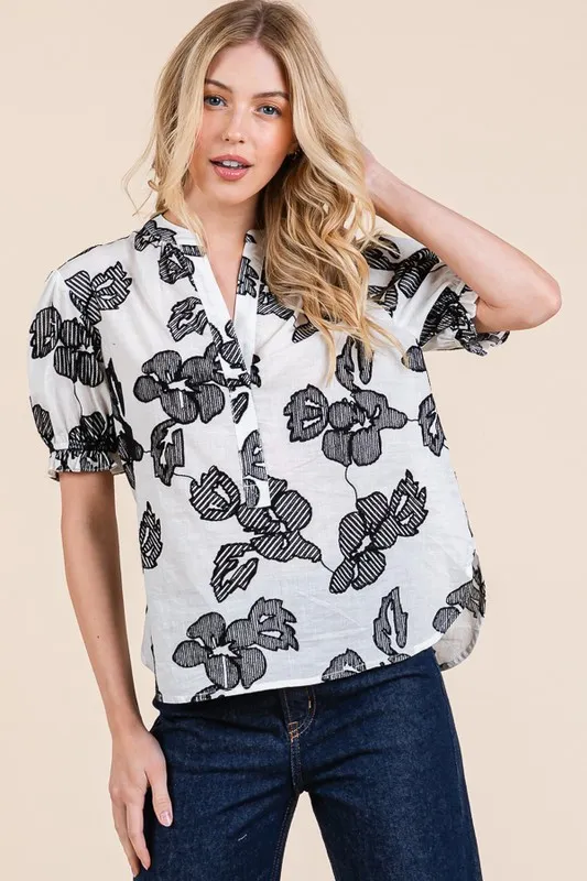 Embroidered Split Neck Puff Sleeve Blouse