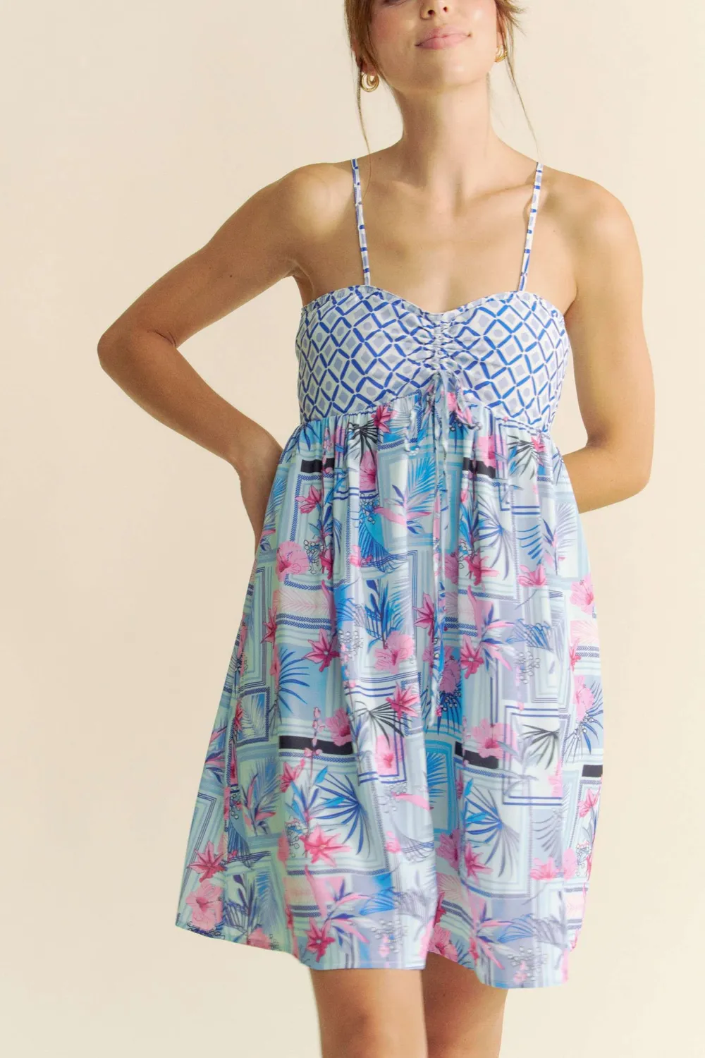 Tropical Floral Geo Print Tie Back Tube Top Romper, image 2