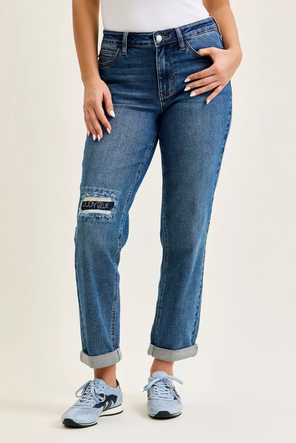 Mid Rise Boyfriend Embroidered Repair Patch Jeans
