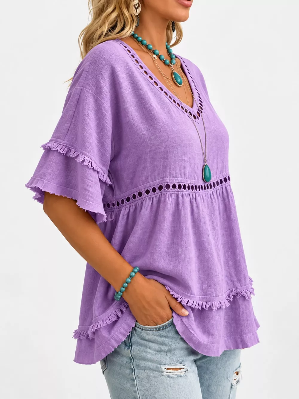 Full Size Frayed Hem V-Neck Blouse Plus Size, image 15