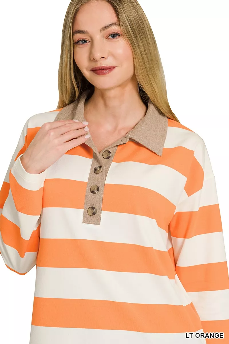 Zenana Striped Contrast Collar Polo Top, image 4