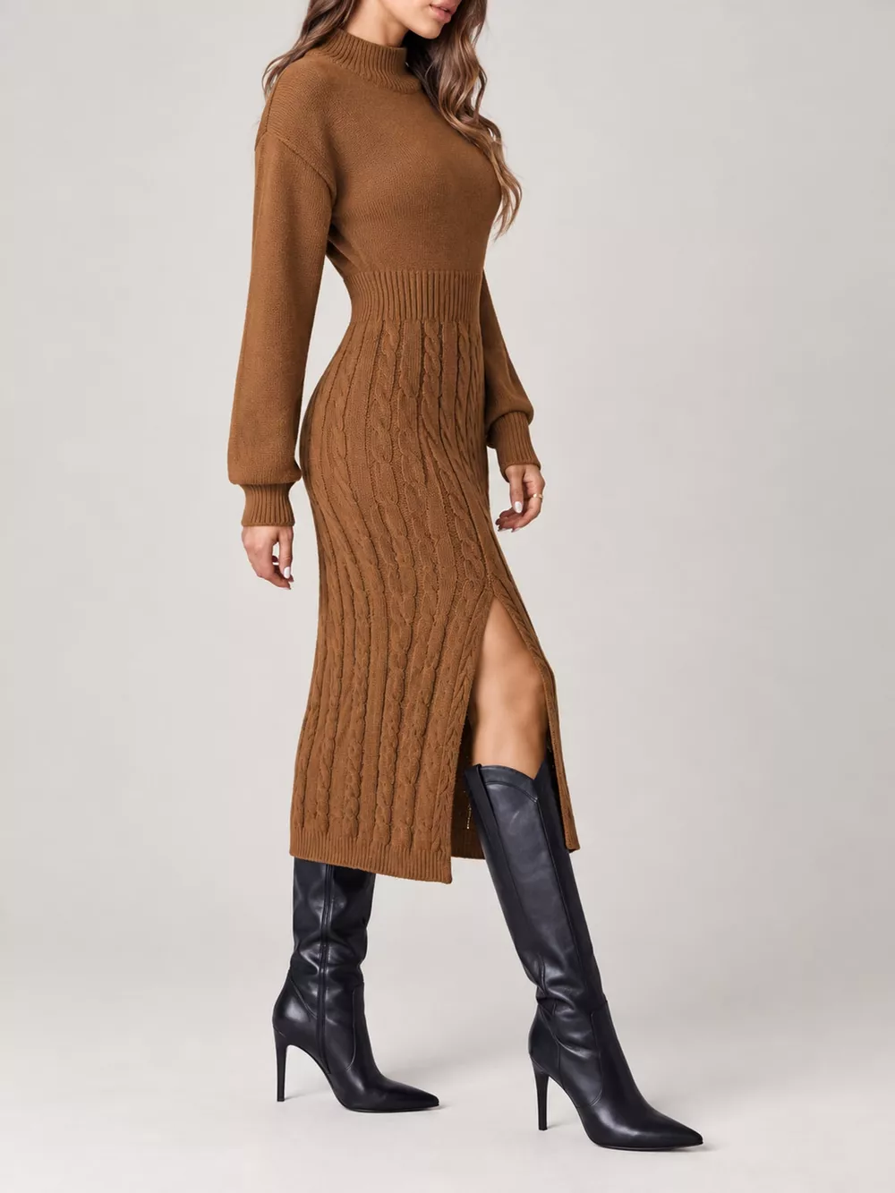 Full Size Mock Neck Cable Knit Sweater Dress with Front Slit Plus Size, image 5