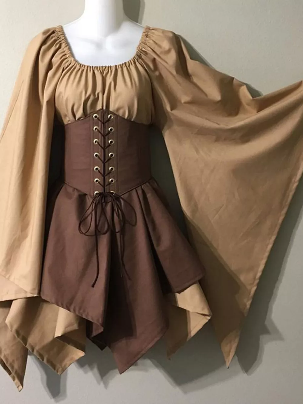 Full Size Lace-Up Flare Sleeve Irregular Hem Dress Plus Size, image 9