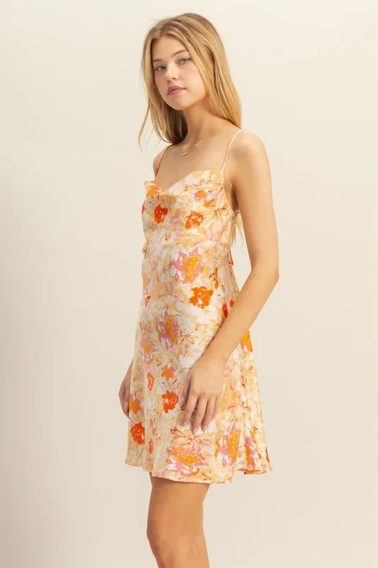 Floral Cowl Neck Flirty Satin Mini Dress, image 2