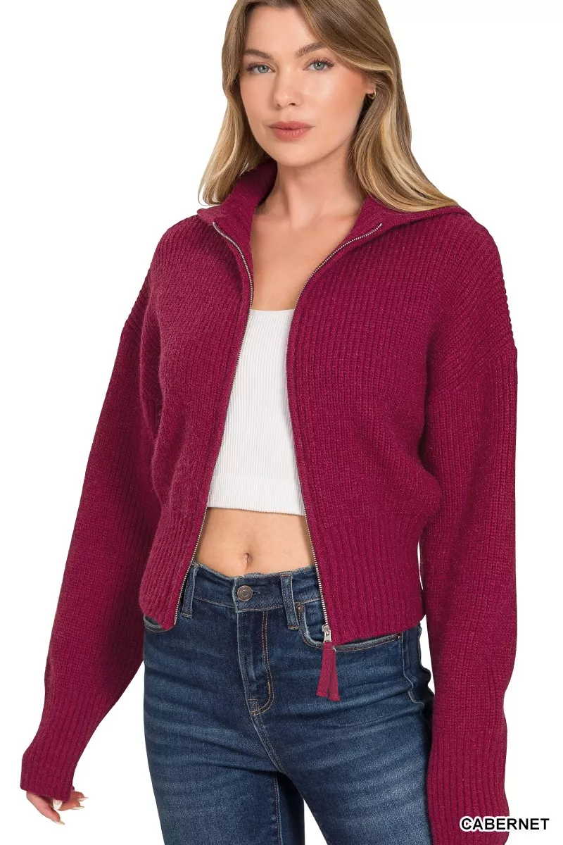 Ribbed Collared Zip Up Sweater Cardigan, image 3