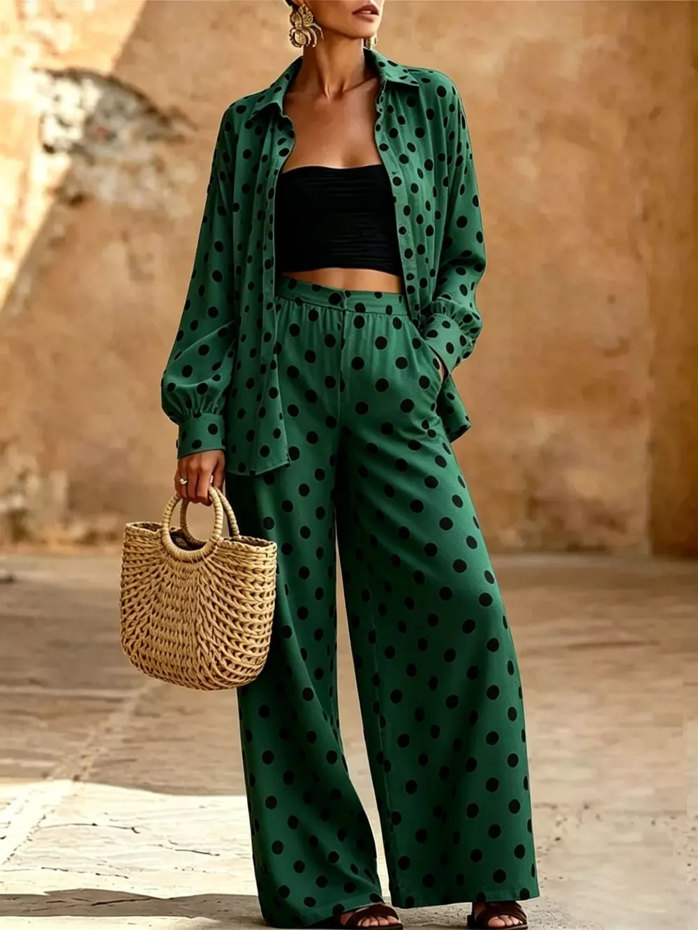 Full Size Polka Dot Shirt and Wide-Leg Pants Set Plus Size, image 7