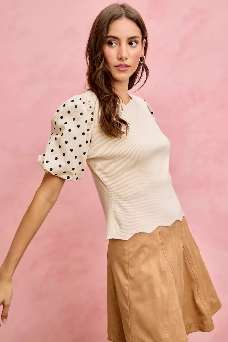 Polka Dot Contrast Woven Ballon Sleeve Blouse, image 3