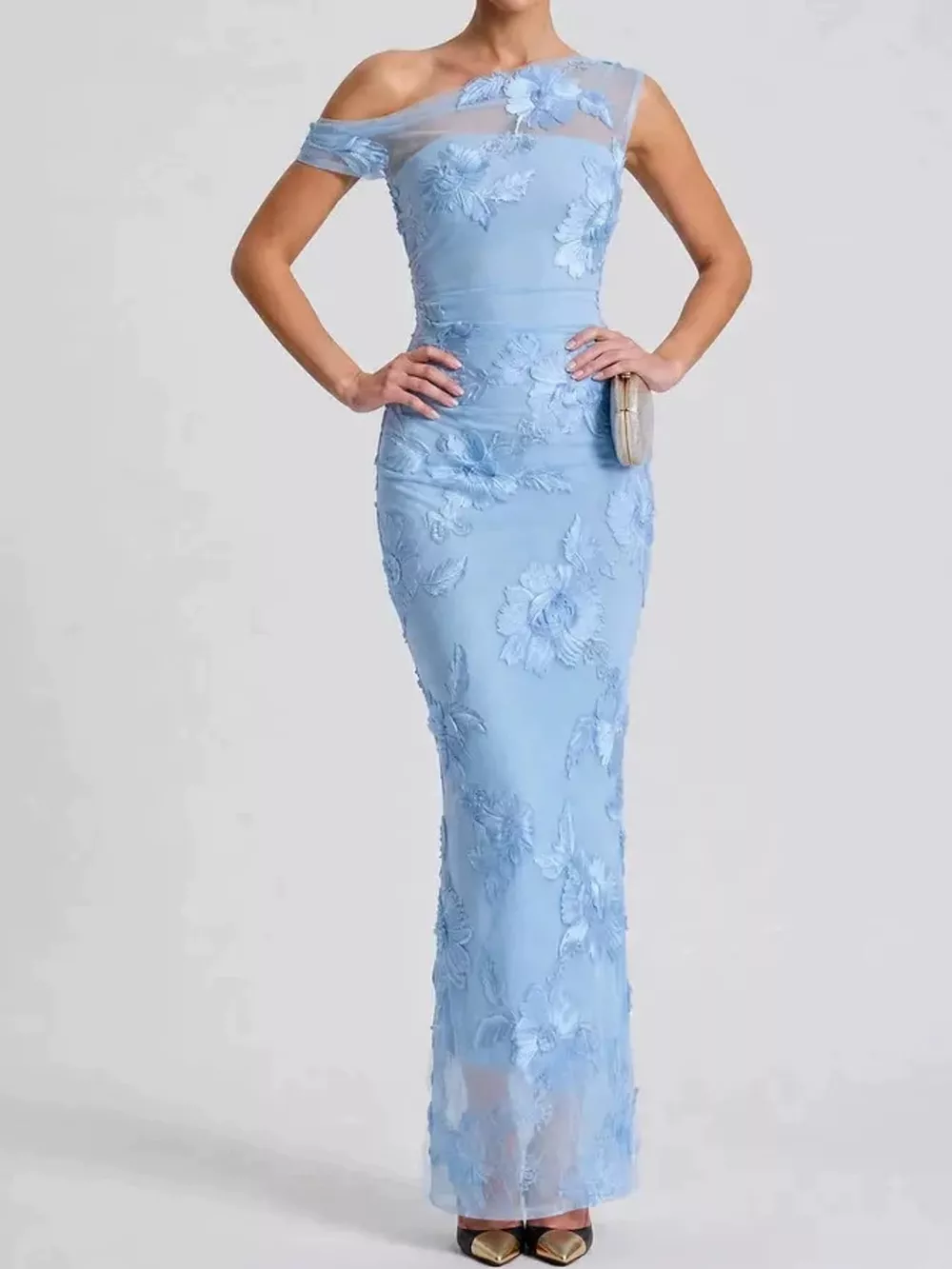One-Shoulder Floral Embroidered Maxi Dress, image 8