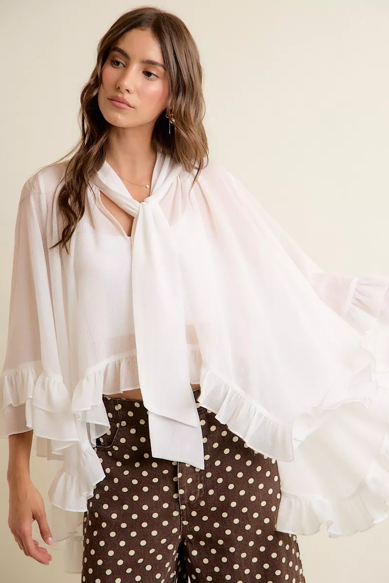 Sheer Ruffle Bell Sleeves Bow Tie Flowy Blouse Top, image 13