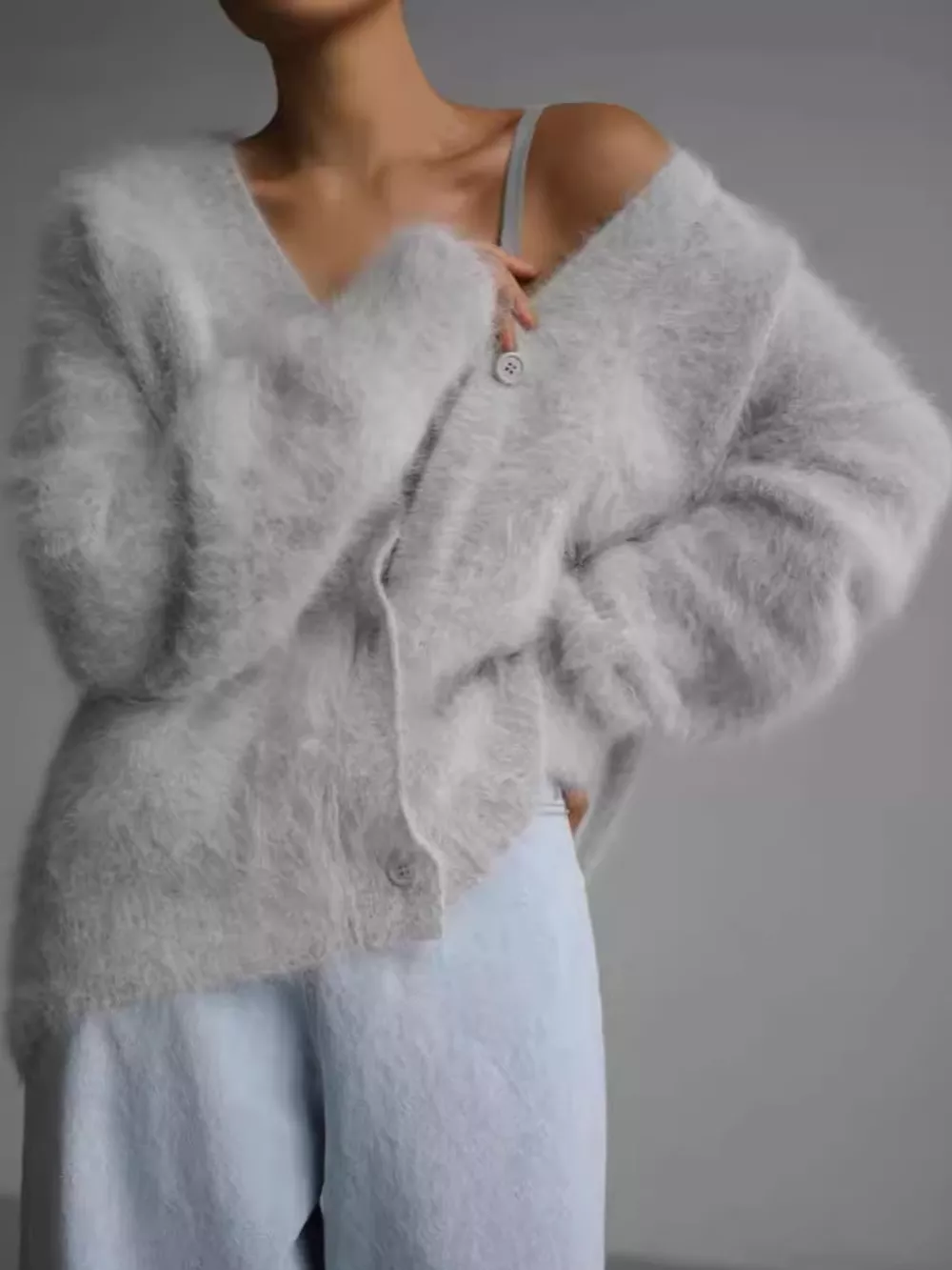 Fuzzy V-Neck Button-Down Cardigan, image 3