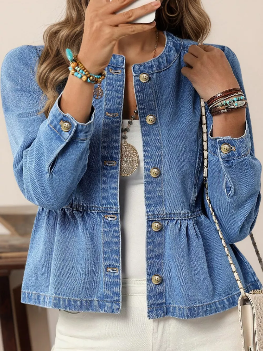 Button Up Peplum Denim Shirt, image 3
