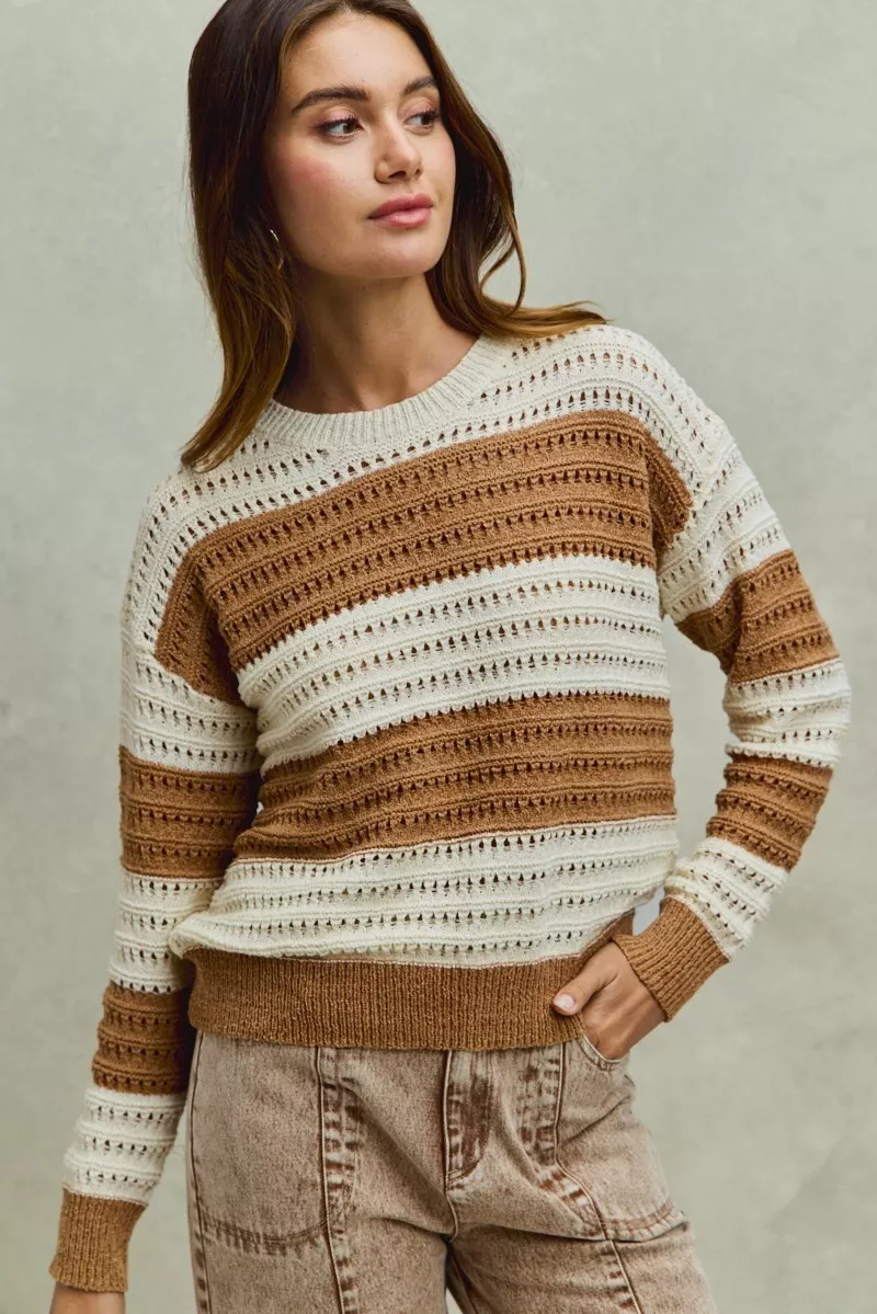 Openwork Round Neck Wide Stripe Textured Sweater, image 2