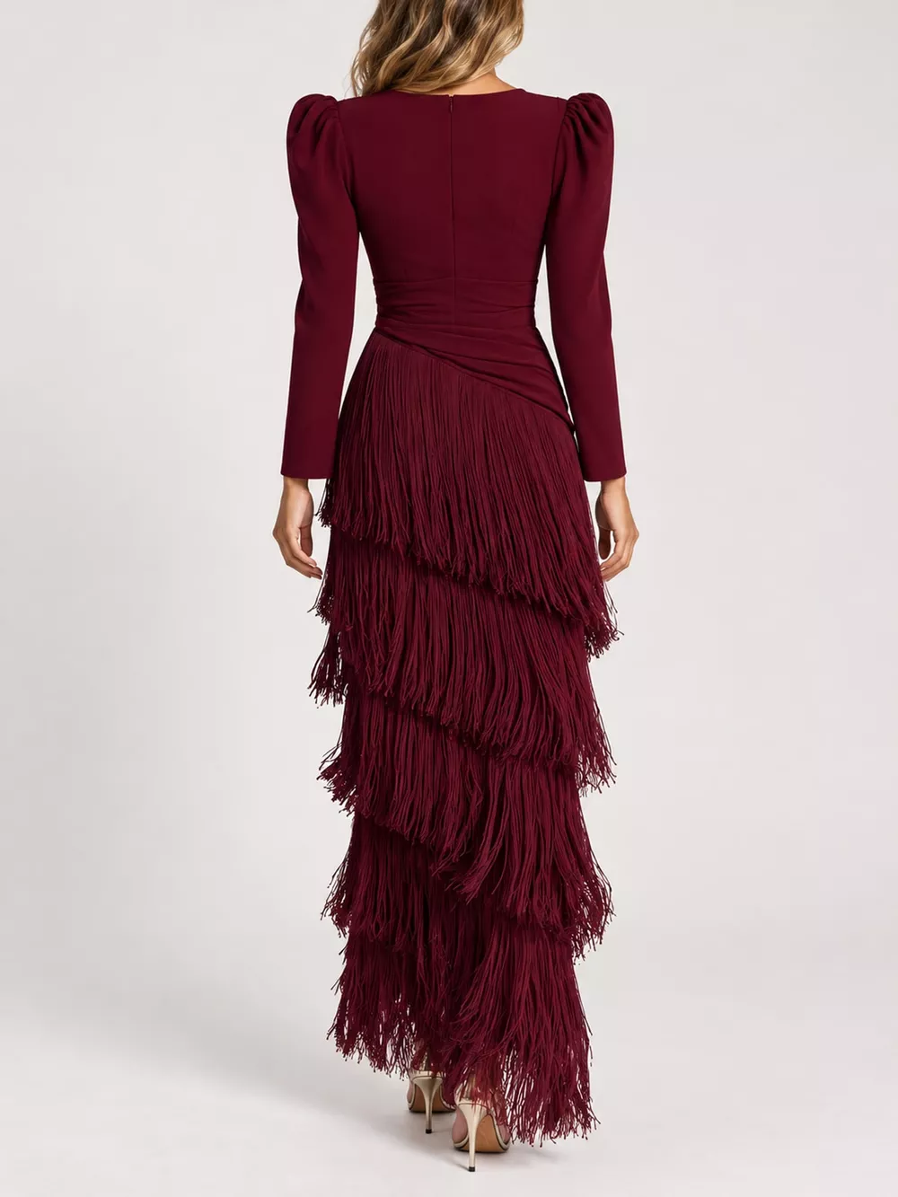 Fringed V-Neck Puff Sleeve Maxi Dress, image 25