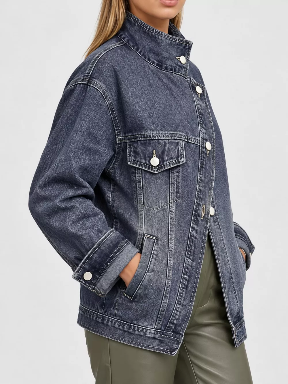 Full Size Asymmetric Button-Up Stand Collar Denim Jacket Plus Size, image 10