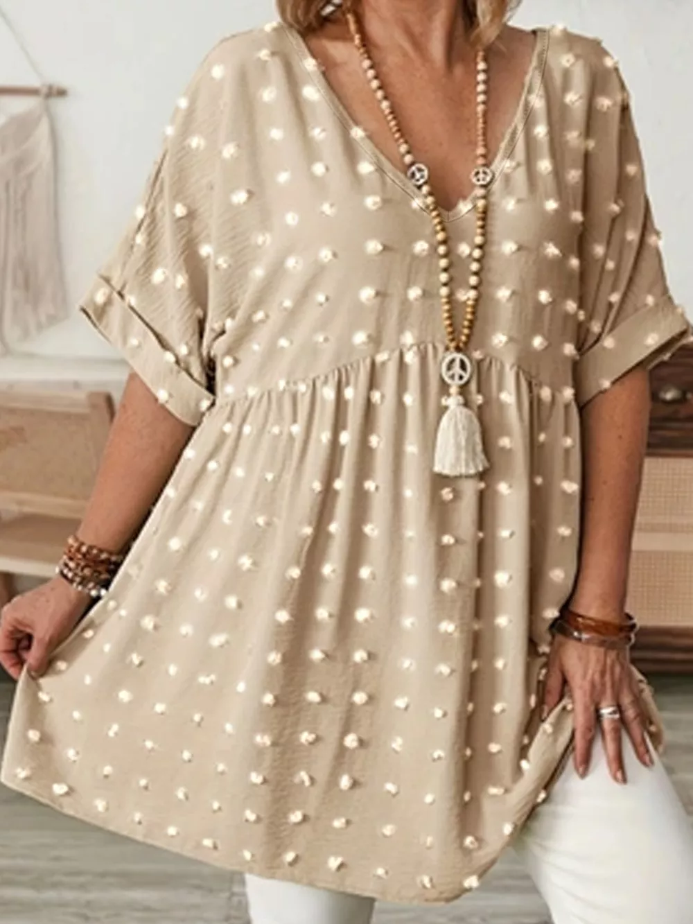 Plus Size Swiss Dot V-Neck Casual Blouse, image 28
