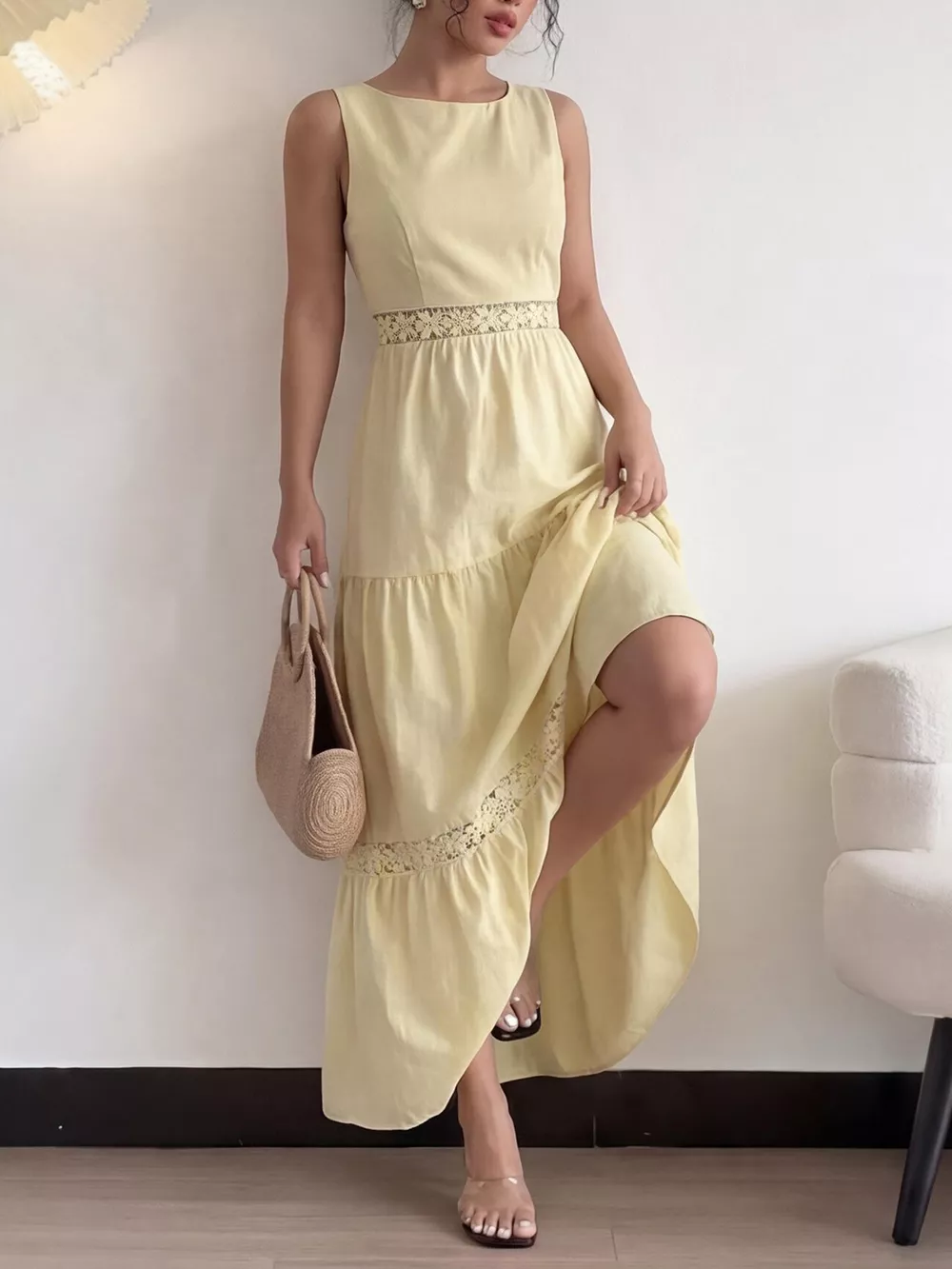 Sleeveless Tiered Lace Trim Maxi Dress, image 2