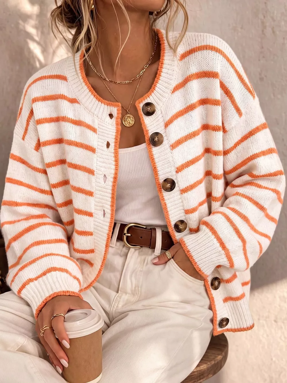 Striped Button-Down Knit Cardigan, image 11