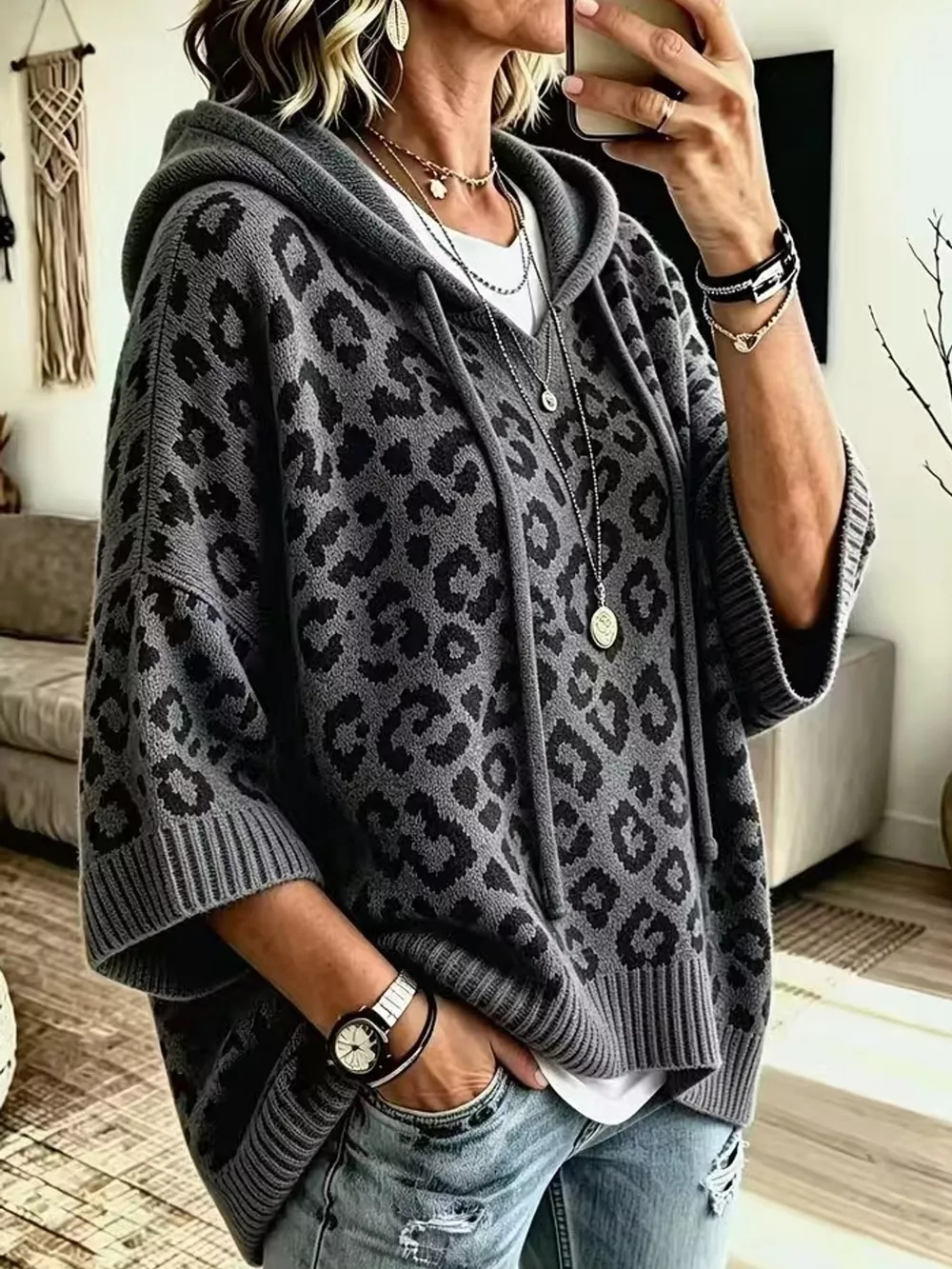 Full Size Leopard Print Hooded Knit Sweater Plus Size, image 21