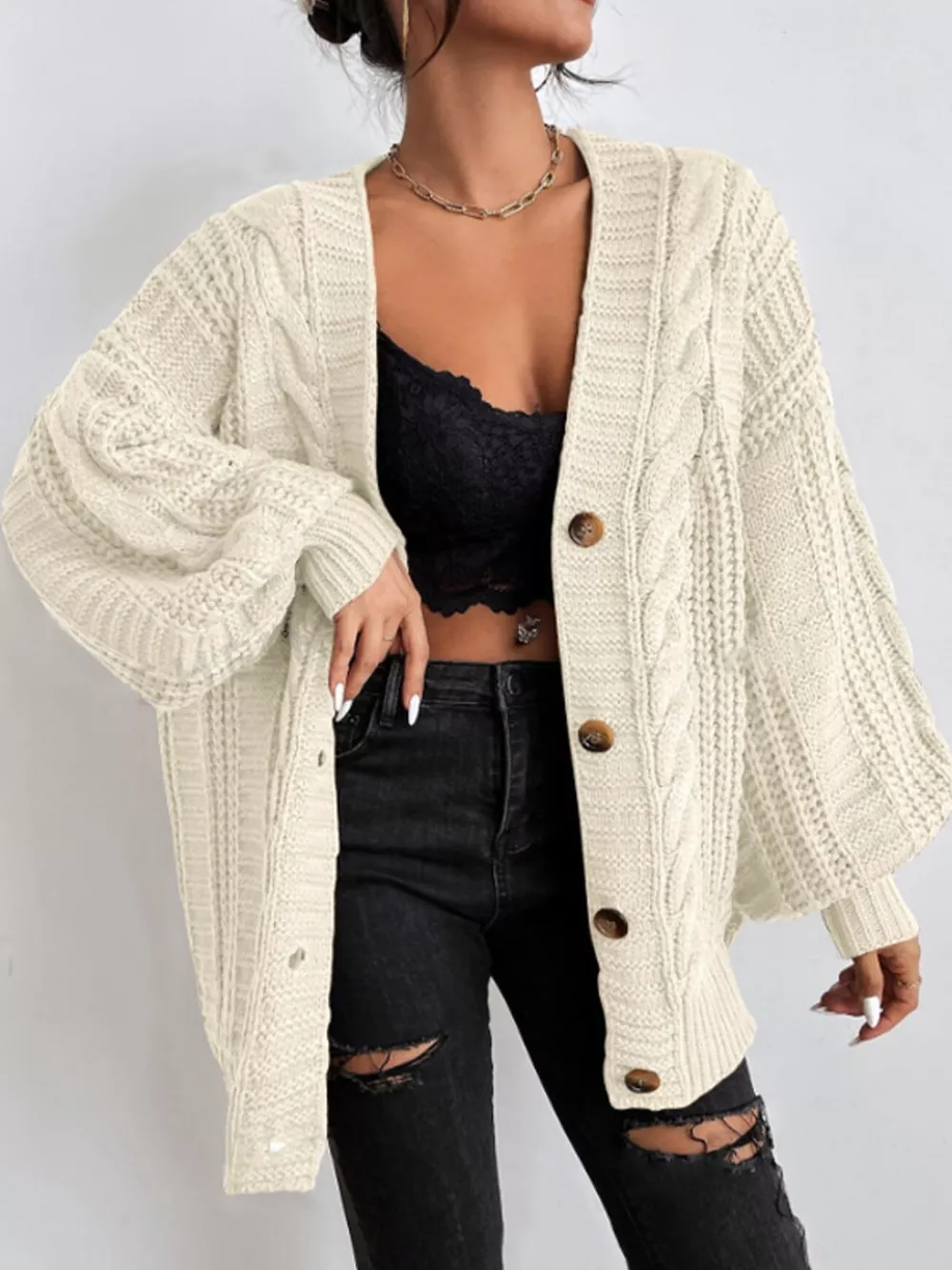 Cable Knit Button-Down Cardigan, image 12