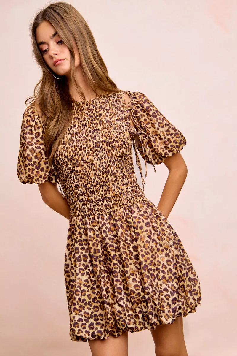 Leopard Bow Tie Attachable Puff Sleeves Dress