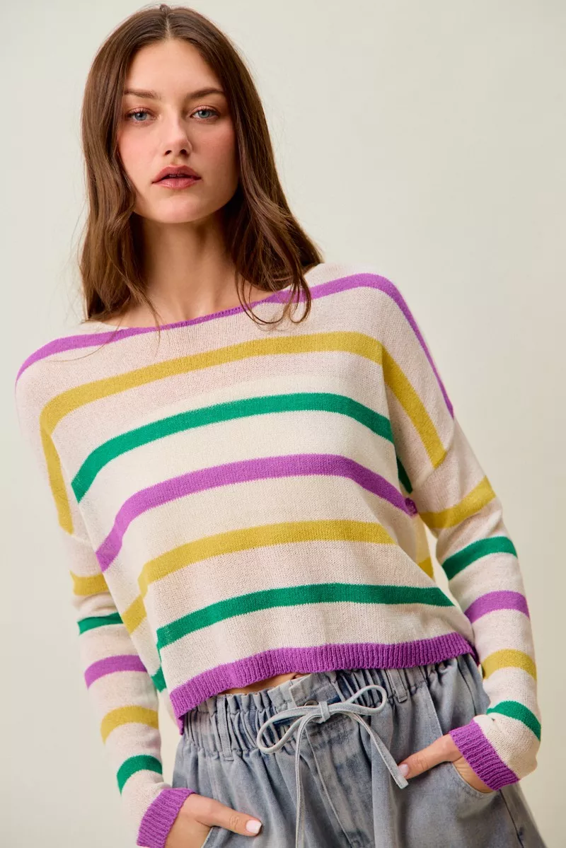 Mardi Gras Color Stripe Lightweight Sweater Top, image 8