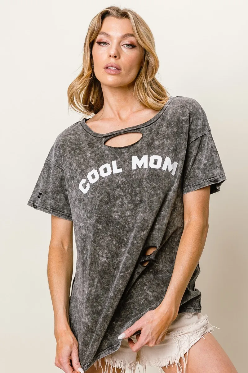 Washed Laser Cut Detail Cool Mom Print Top, image 5
